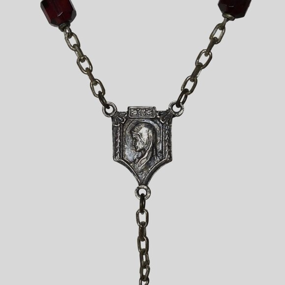 VTG Italian Luminous Rosary Necklace Burgundy Glass Bead Roma Glow Crucifix 47" - Picture 10 of 14